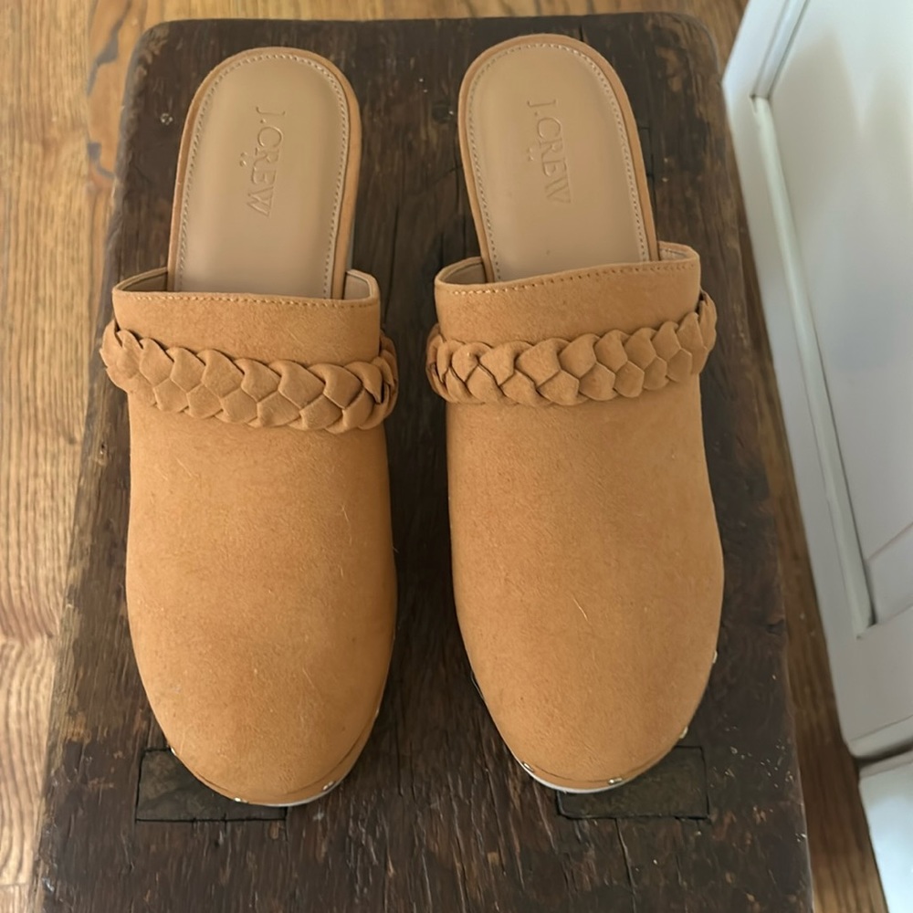J. Crew Suede Wooden Clogs Womens Size 8.5 Camel Brown Heeled Slip On clog